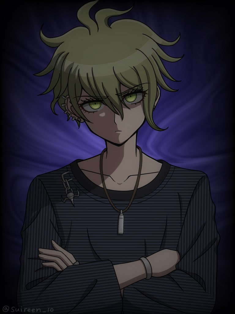 1boy amami_rantaro antenna_hair artist_name closed_mouth collarbone crossed_arms danganronpa_(series) danganronpa_v3:_killing_harmony earrings green_eyes hair_between_eyes jewelry male_focus messy_hair multicolored_background necklace shirt short_hair solo striped striped_shirt suiren_yurei upper_body