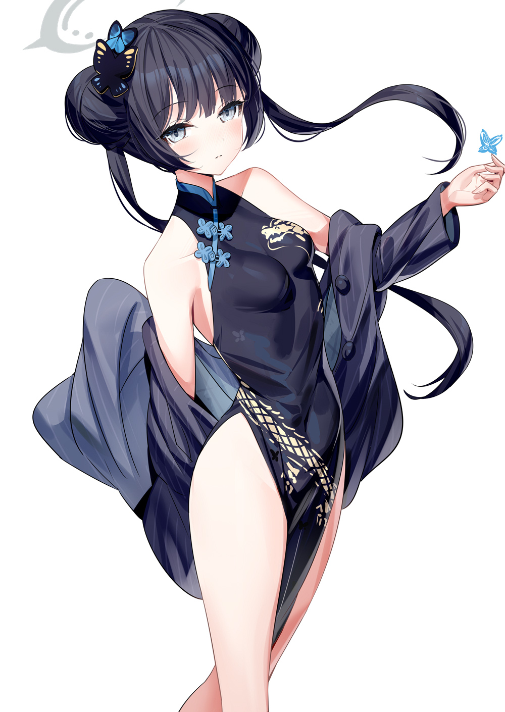 1girl black_dress black_jacket blue_archive breasts butterfly_hair_ornament china_dress chinese_clothes commentary covered_navel double_bun dragon_print dress grey_eyes grey_halo hair_bun hair_ornament halo highres jacket kisaki_(blue_archive) long_hair looking_at_viewer medium_breasts pelvic_curtain print_dress ririko_(zhuoyandesailaer) simple_background sleeveless sleeveless_dress solo striped striped_jacket thighs twintails vertical-striped_jacket vertical_stripes white_background