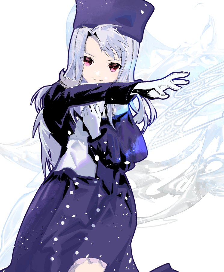 1girl closed_mouth cofffee dress fate/stay_night fate_(series) gloves hat illyasviel_von_einzbern long_hair long_sleeves looking_at_viewer magic_circle red_eyes redrawn scarf smile snowing solo white_hair