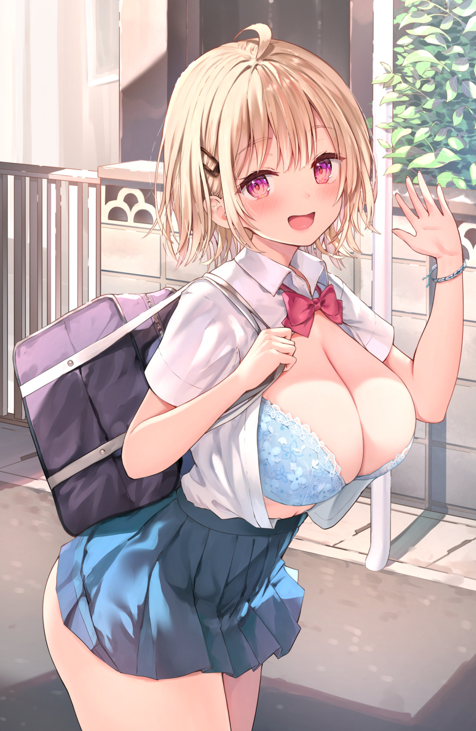 1girl :d ahoge bag blonde_hair blue_bra blue_skirt bow bowtie bra breasts cleavage commentary_request hair_ornament hairclip highres large_breasts looking_at_viewer open_mouth original pink_eyes pleated_skirt red_bow red_bowtie salute school_bag shirt short_hair skirt smile solo sune_(mugendai) thighs underwear white_shirt
