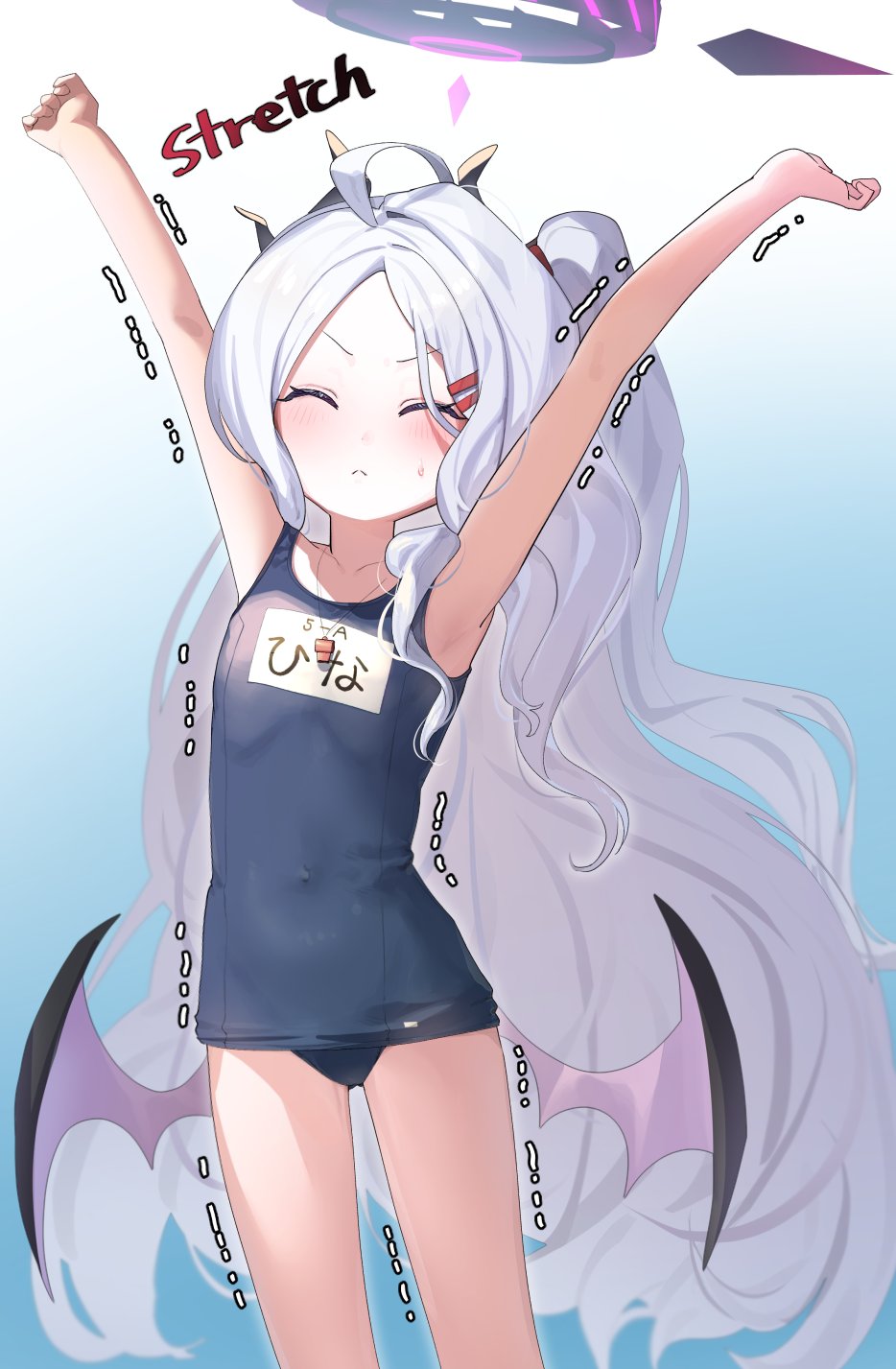 1girl ^_^ ahoge armpits arms_up blue_archive closed_eyes collarbone commentary_request demon_girl demon_horns demon_wings english_text forehead hair_ornament hairclip halo highres hina_(blue_archive) hina_(swimsuit)_(blue_archive) horns long_hair looking_at_viewer name_tag official_alternate_costume official_alternate_hairstyle old_school_swimsuit one_side_up oomabiblogo2 parted_bangs school_swimsuit sidelocks simple_background solo stretching swimsuit trembling wavy_hair whistle whistle_around_neck white_hair wings