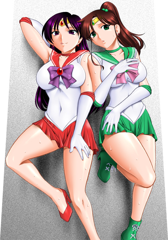 2girls arm_up armpits bad_source bishoujo_senshi_sailor_moon boots breasts choker circlet covered_navel earrings elbow_gloves gloves hair_ornament hino_rei jewelry kino_makoto large_breasts magical_girl mokkouyou_bond multiple_girls sailor_jupiter sailor_mars sleeveless sweat