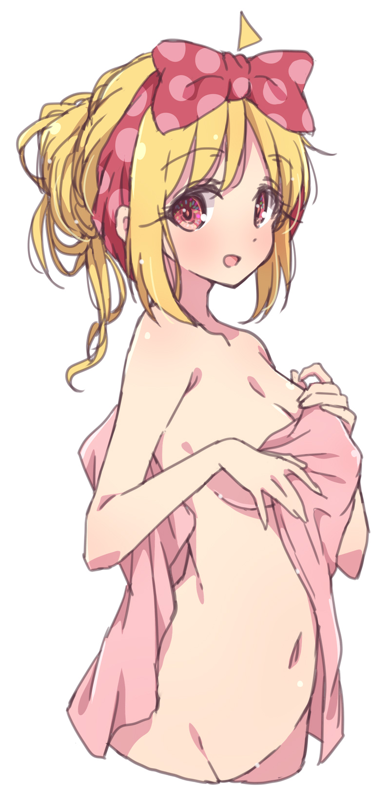 1girl blonde_hair bocchi_the_rock! bow breasts commentary completely_nude hair_bow highres ijichi_nijika looking_at_viewer medium_breasts mel_(melty_pot) navel nude open_mouth red_bow short_hair simple_background smile solo towel white_background
