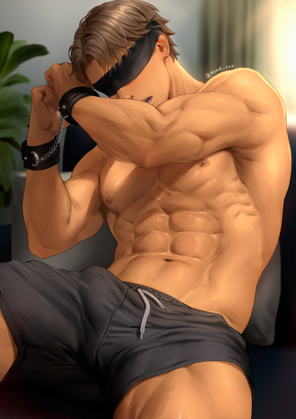 1boy abs bara black_shorts blindfold bound bound_wrists brown_hair bulge covered_eyes erection erection_under_clothes highres jim_(mondi_hl) large_pectorals male_focus mondi_hl muscular muscular_male navel nipples open_mouth original pectorals restrained short_hair shorts sitting solo thick_thighs thighs topless_male twitter_username