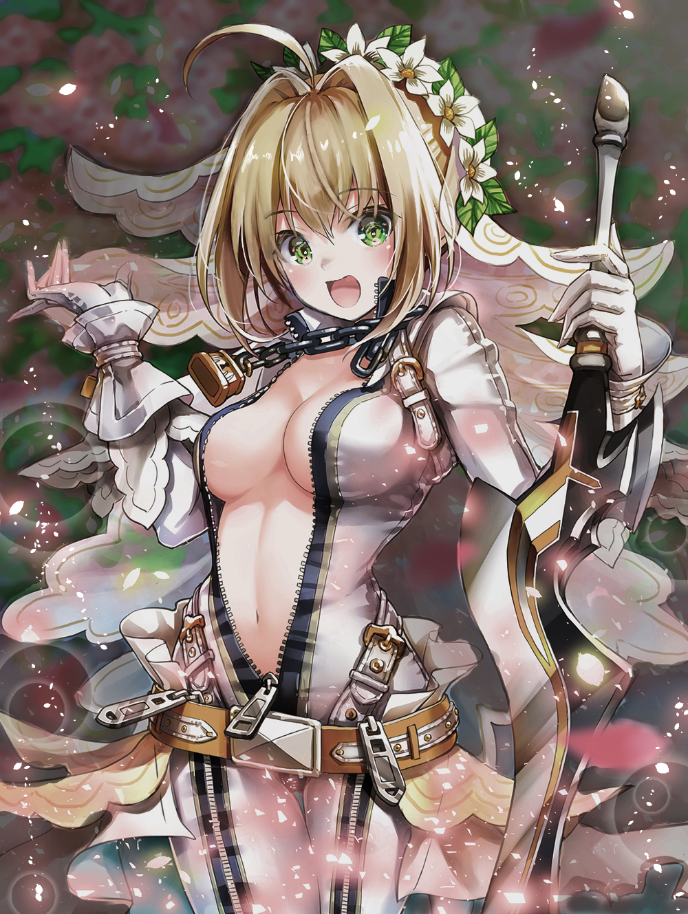 1girl aestus_estus ahoge bangs belt blonde_hair blush bodysuit breasts center_opening chain fate/extra fate/extra_ccc fate/grand_order fate_(series) flower_wreath full-length_zipper green_eyes hair_between_eyes hair_intakes head_wreath highres large_breasts lock long_hair looking_at_viewer loose_belt navel nero_claudius_(bride)_(fate) nero_claudius_(fate) open_mouth padlock smile solo suishougensou sword thighs veil weapon white_bodysuit zipper zipper_pull_tab