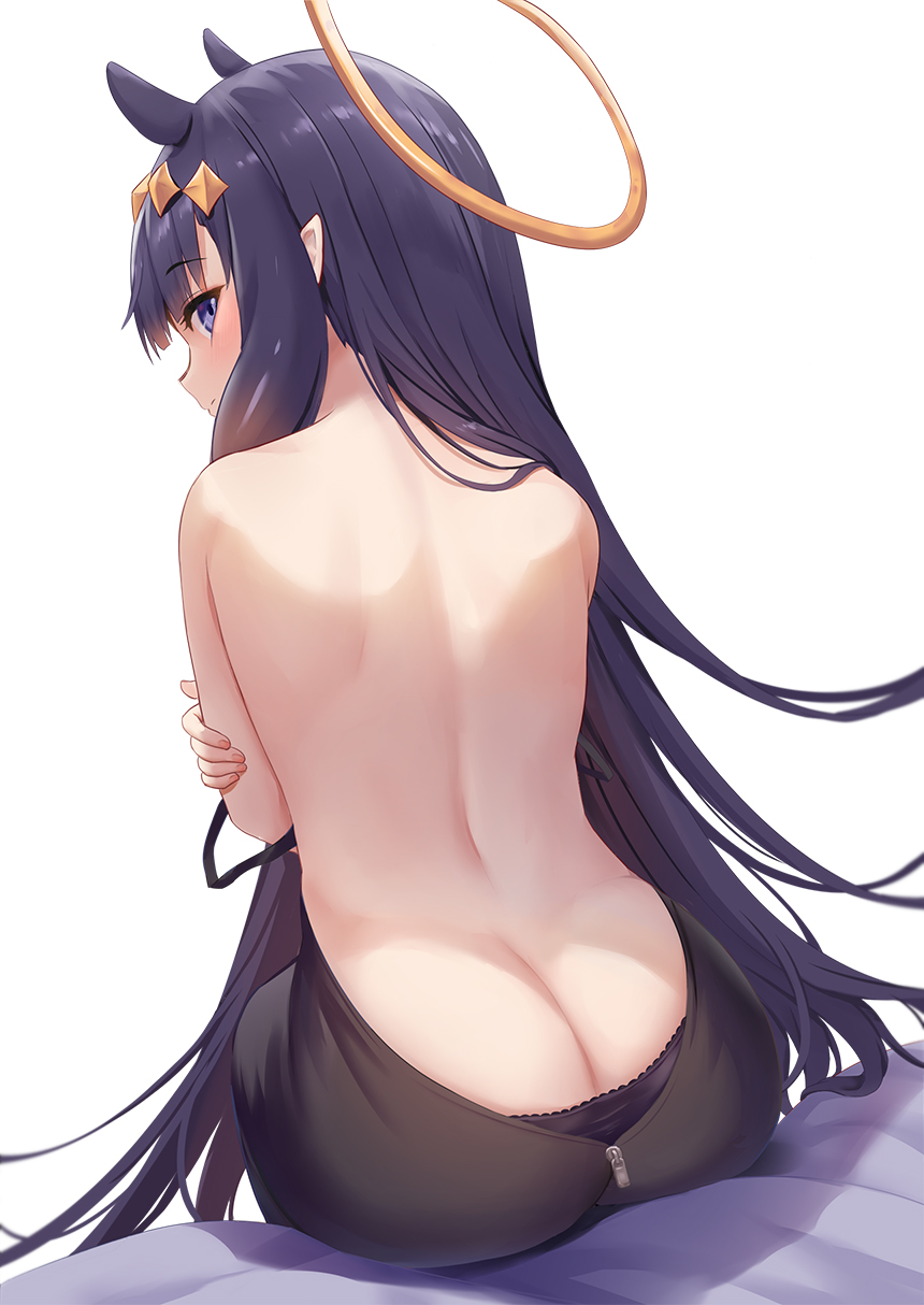 1girl ass back bangs bare_shoulders black_dress black_panties blue_eyes blush breasts diamond_hairband dress duplicate from_behind gradient_hair halo highres hololive hololive_english long_hair looking_at_viewer looking_back multicolored_hair ninomae_ina'nis panties pixel-perfect_duplicate pointy_ears purple_hair shimokirin sidelocks sitting small_breasts solo tentacle_hair underwear very_long_hair virtual_youtuber white_background zipper_pull_tab