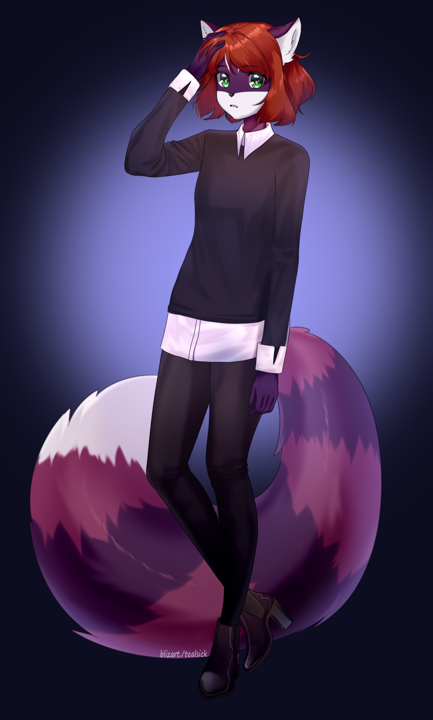 2020 5_fingers ambiguous_gender anthro bottomwear clothed clothing collared_shirt digital_media_(artwork) fingers fully_clothed fur green_eyes hair hand_in_hair hi_res high_heels looking_at_viewer mammal markings orange_hair purple_body purple_fur shaded solo standing striped_markings striped_tail stripes tail_markings tealsick topwear touching_hair white_body white_fur