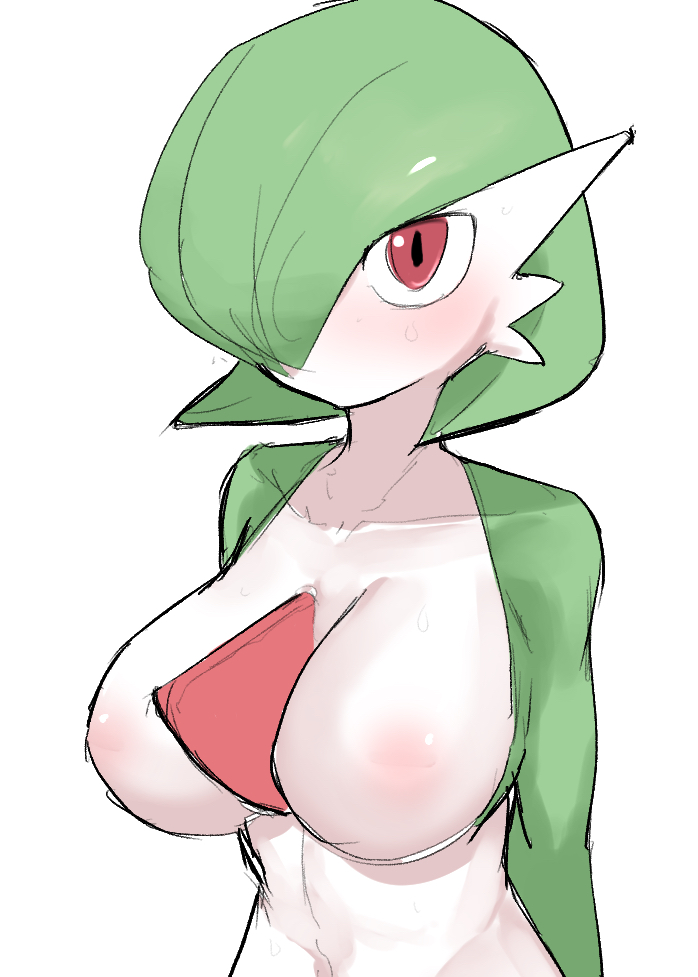 1girl abara_boner arms_behind_back bangs blush bob_cut breasts collarbone colored_skin commentary english_commentary gardevoir green_hair green_skin hair_over_one_eye large_breasts looking_at_viewer multicolored_skin navel nipples no_mouth one_eye_covered pokemon pokemon_(creature) red_eyes short_hair simple_background sketch solo sweat two-tone_skin upper_body white_background white_skin