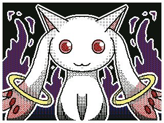 ambiguous_gender black_background border cat_eared_creature colored feral fire flipnote_studio_3d floating_ring forked_ears fur gold_ring incubator_(puella_magi) kyubey levitating_object low_res luckypanda mahou_shoujo_madoka_magica outline pink_ear_tips pink_inner_ear puella_magi pupils purple_flames quadruped red_eyes red_pupils red_spots ring shaded simple_background solo spots symmetrical_drawing symmetry white_body white_border white_fur white_outline