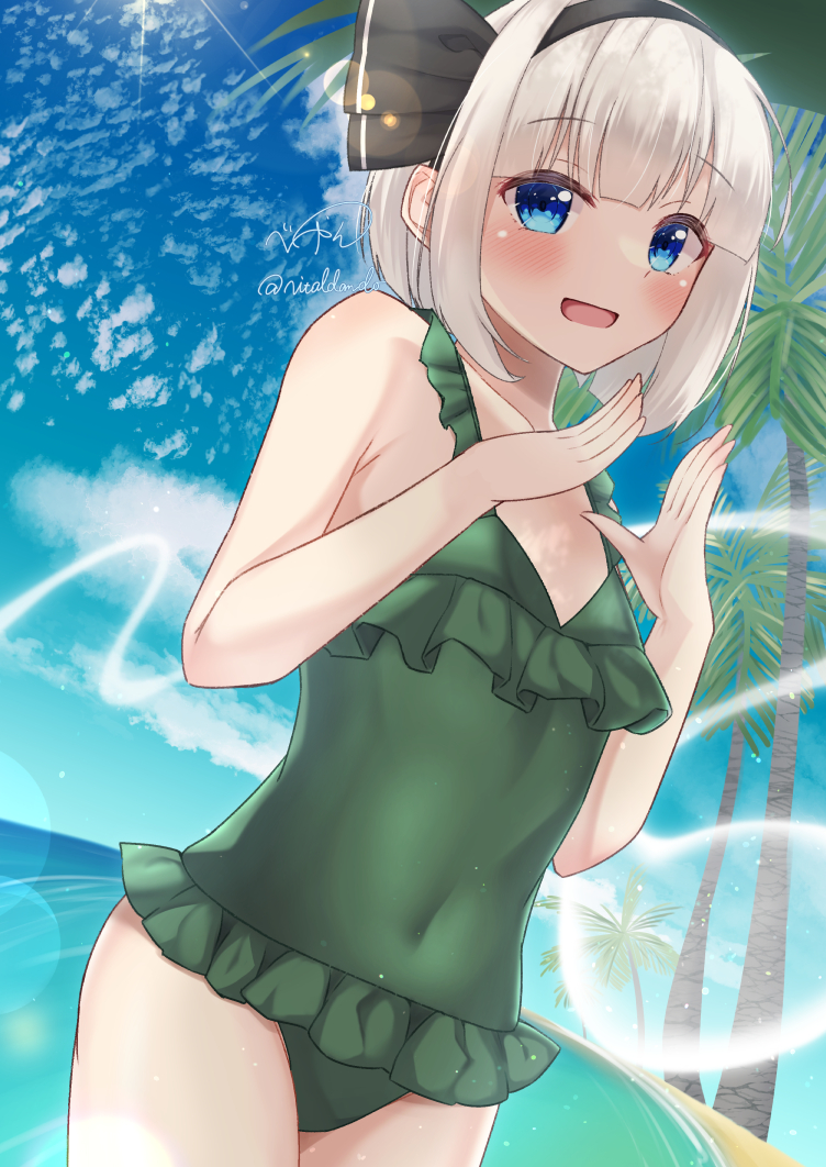 1girl beach blue_eyes blue_sky bob_cut casual_one-piece_swimsuit closed_eyes cloud cowboy_shot day flat_chest frilled_swimsuit frills green_swimsuit konpaku_youmu looking_at_viewer one-piece_swimsuit outdoors palm_tree rital short_hair sky solo swimsuit touhou tree water white_hair