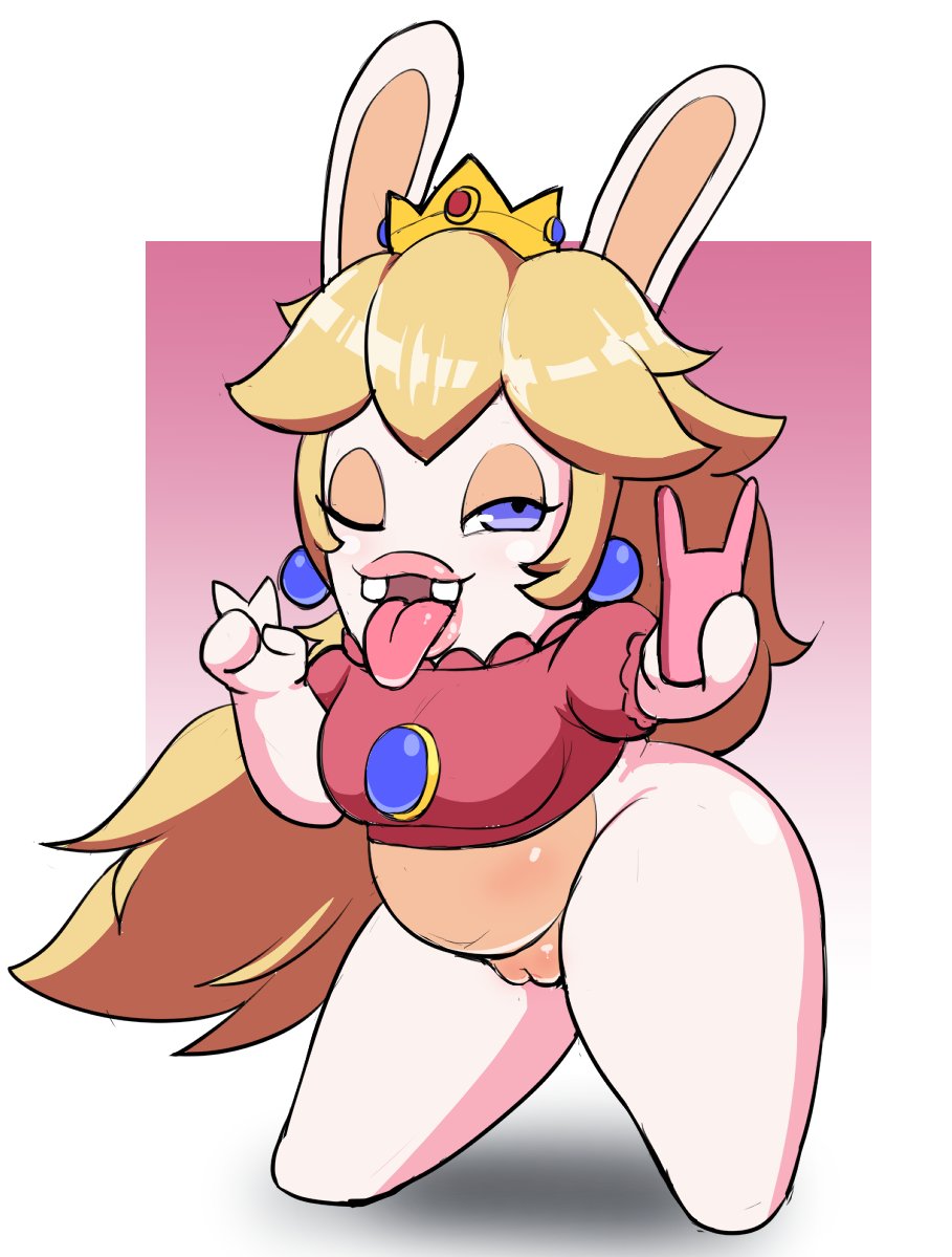 2022 anthro belly blonde_hair blue_eyes bodyattk bottomless bottomless_anthro bottomless_female breasts clothed clothing crossover crown female genitals gesture hair lagomorph mammal mario_bros mario_plus_rabbids_kingdom_battle nintendo one_eye_closed pink_clothing pink_topwear pussy rabbid rabbid_peach raving_rabbids rayman_(series) selfie short_stack slightly_chubby solo thick_thighs tongue tongue_out topwear ubisoft v_sign video_games white_body wide_hips wink