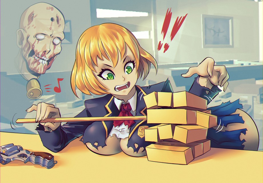! !! 1boy 1girl bangs bell black_jacket blazer blonde_hair blue_skirt boarded_windows bow bowtie breast_rest breasts cafe_no_zombi-ko collared_shirt commentary_request feet_out_of_frame green_eyes gun holding holding_stick indie_virtual_youtuber indoors jacket jenga large_breasts leaning_forward miniskirt open_clothes open_jacket open_mouth red_bow red_bowtie revolver shirt short_hair skirt stick supersatanson table torn_clothes torn_jacket torn_shirt torn_skirt underboob virtual_youtuber weapon white_shirt zombie
