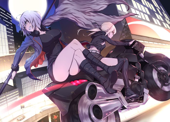 2girls ahoge artoria_pendragon_(fate) bangs belt black_footwear blonde_hair boots breasts building crossed_legs eyebrows_hidden_by_hair fate/grand_order fate/stay_night fate_(series) flag grey_hair ground_vehicle holding holding_flag holding_weapon hood hoodie jacket jeanne_d'arc_alter_(avenger)_(fate) jeanne_d'arc_alter_(fate) jeanne_d'arc_alter_(ver._shinjuku_1999)_(fate) long_hair looking_to_the_side makishima_azusa moon motor_vehicle motorcycle multiple_girls night night_sky open_mouth ponytail riding road saber_alter short_hair shorts sky smile street weapon