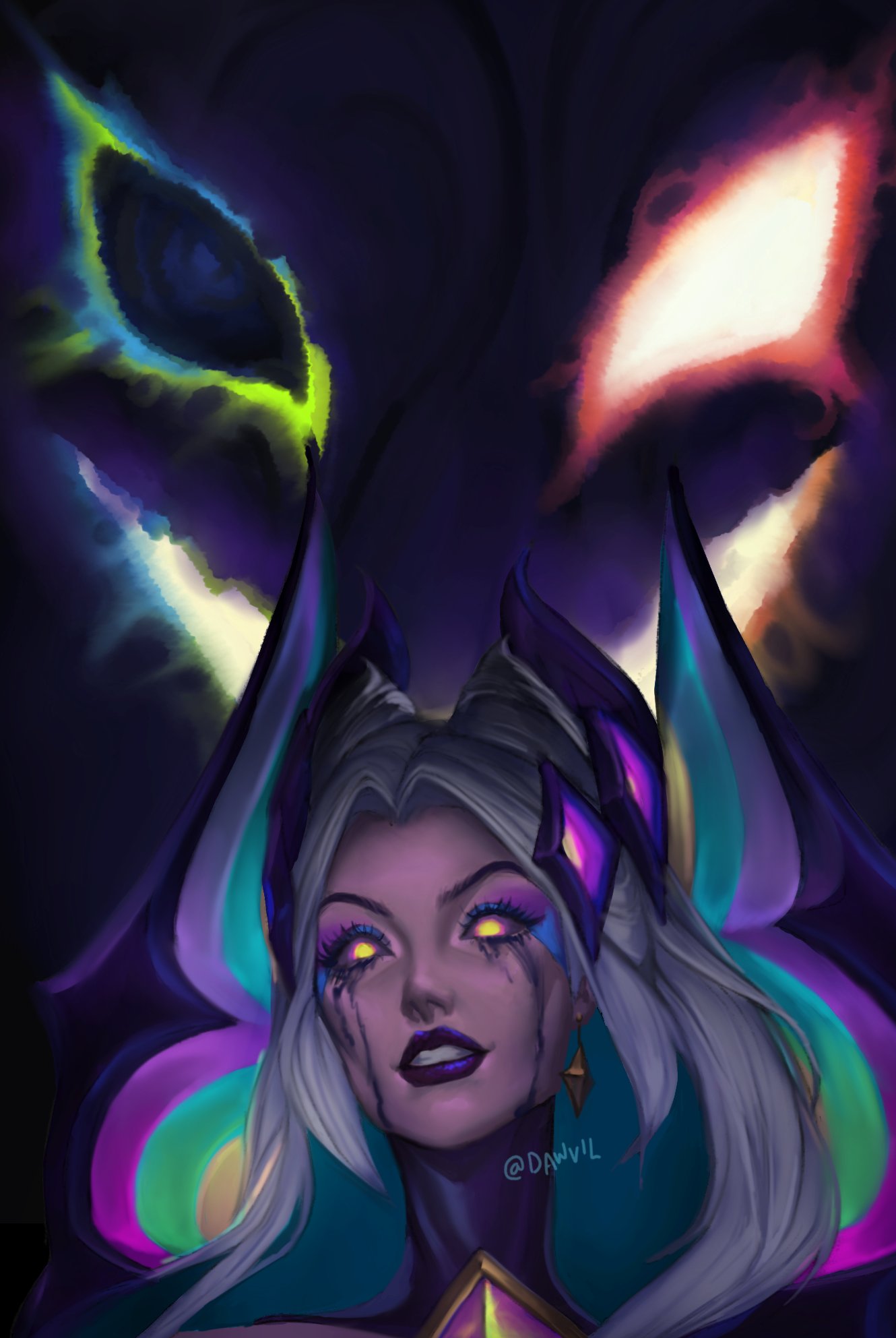 1girl alternate_costume black_eyes dark dawvil ear_piercing earrings eyeshadow fiddlesticks glowing glowing_eyes hair_ornament heterochromia highres jewelry league_of_legends long_hair looking_at_viewer makeup morgana_(league_of_legends) piercing purple_lips red_eyes smile star_nemesis_fiddlesticks star_nemesis_morgana stud_earrings tears white_hair yellow_eyes