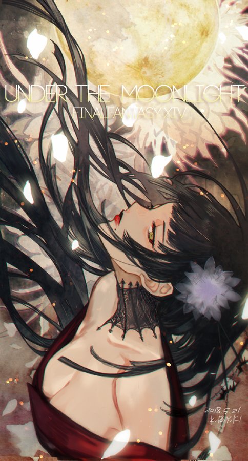1girl ailout2 bangs bare_shoulders bat_hair_ornament black_collar black_hair blunt_bangs breasts cleavage collar collarbone commentary copyright_name dated expressionless falling_petals final_fantasy final_fantasy_xiv floating_hair floral_background flower from_above full_moon glowing_petals green_eyes hair_flower hair_ornament half-closed_eyes head_tilt hyur lace_collar long_hair looking_at_viewer mole mole_under_mouth moon off_shoulder petals red_lips signature solo straight_hair upper_body white_flower yotsuyu_(ff14)