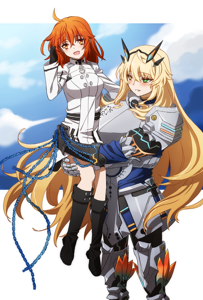 2girls armor bangs black_footwear black_gloves blonde_hair blush boots carrying carrying_person fairy_knight_gawain_(fate) fate/grand_order fate_(series) fujimaru_ritsuka_(female) gloves green_eyes knee_boots kneehighs long_hair long_sleeves looking_at_another medium_hair multiple_girls oiun open_mouth orange_eyes orange_hair parted_lips smile socks yellow_eyes yuri