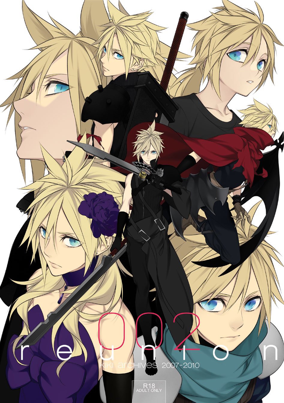 1boy aqua_eyes armor black_shirt blonde_hair boots buster_sword cape choker cloud_strife crisis_core_final_fantasy_vii crossdressing demon_wings dress earrings elbow_gloves final_fantasy final_fantasy_vii final_fantasy_vii_advent_children flower full_body fusion_swords gloves hair_between_eyes hair_flower hair_ornament high_collar highres holding holding_sword holding_weapon jewelry kiki_lala kingdom_hearts long_hair looking_at_viewer looking_back male_child multiple_views official_alternate_costume parted_lips purple_dress red_cape shirt short_hair shoulder_armor single_earring single_wing sleeveless sleeveless_shirt spiked_hair strapless strapless_dress sword upper_body weapon weapon_on_back white_background wings younger