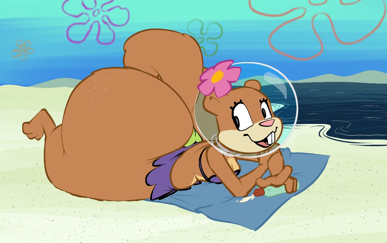3_toes 4_fingers anthro armor beach beach_towel big_butt big_tail black_eyelashes black_eyes blue_sky blue_towel bottomwear breasts brown_body brown_ears brown_fur brown_tail buckteeth butt cleavage clothed clothing countershading eyelashes feet female fingers flower flower_accessory flower_hair_accessory fluffy fluffy_tail fur glistening glistening_eyes goo_(disambiguation) green_clothing green_panties green_underwear headgear helmet huge_butt hyper hyper_butt long_tail looking_at_viewer lowkey lying mammal nickelodeon on_front open_mouth open_smile panties pink_flower pink_nose pink_tongue plant purple_bottomwear purple_clothing purple_skirt purple_topwear rodent sand sand_on_butt sandy_cheeks sciurid sea seaside skirt sky smile solo spongebob_squarepants sunbathing sunscreen tan_body tan_countershading tan_fur teeth teeth_showing thick_thighs toes tongue topwear towel underwater underwear water