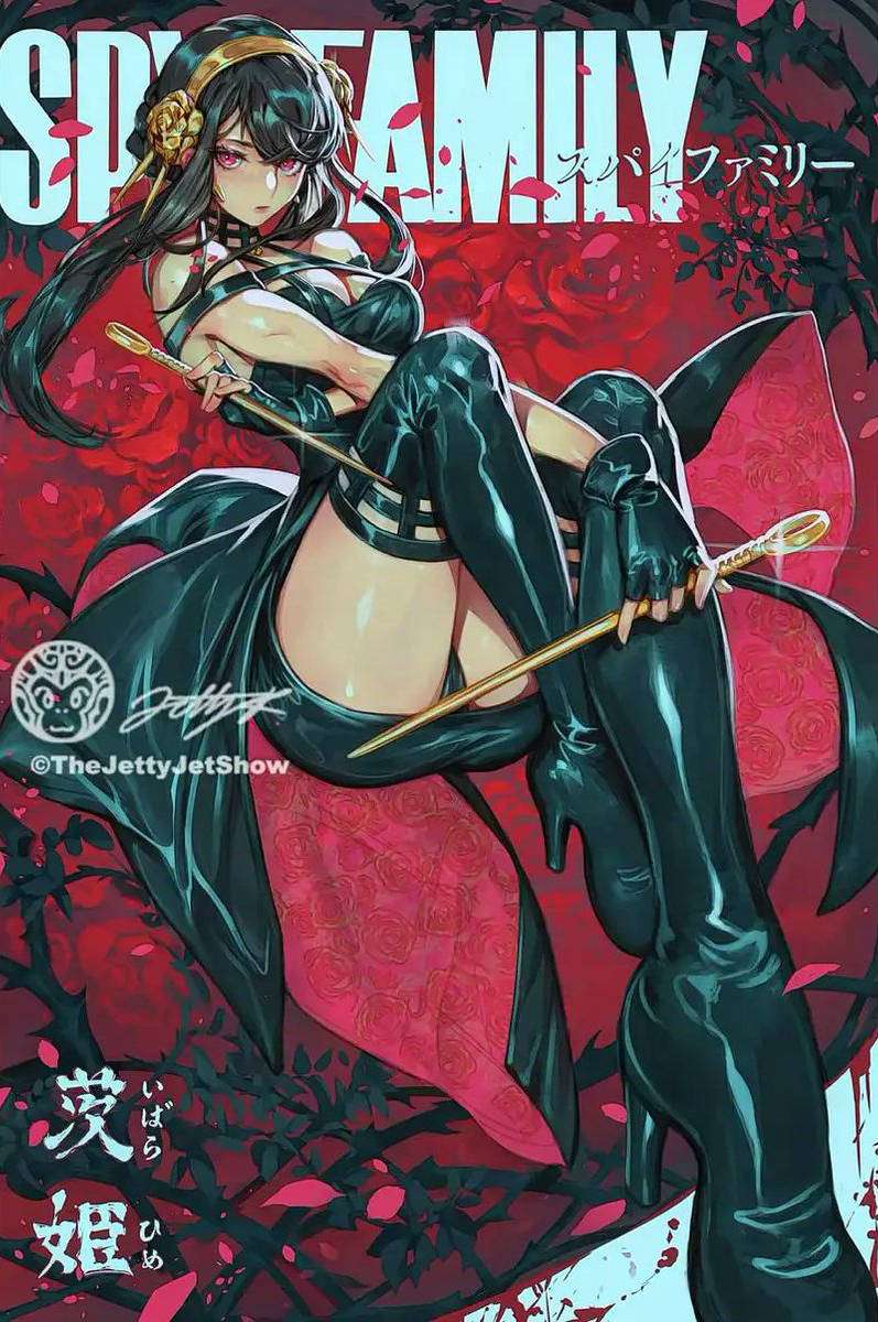 1girl ass black_dress black_hair breasts cleavage dagger dress fingerless_gloves flower full_body gloves hair_between_eyes hair_flower hair_ornament hair_up hairband high_heels highres holding holding_weapon jet_kimchrea knife large_breasts red_eyes red_flower red_rose rose sidelocks solo spy_x_family stiletto_(weapon) thighhighs thorns weapon yor_briar