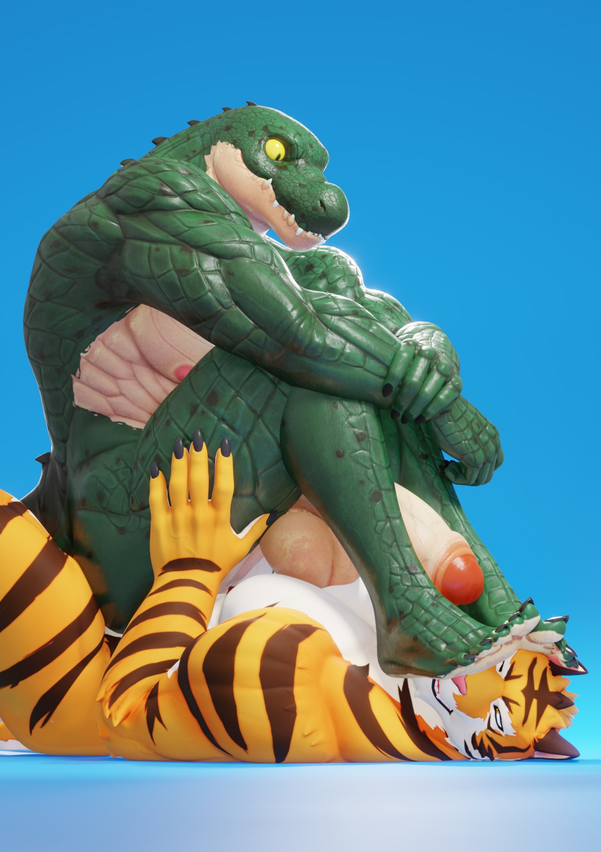 2022 3d_(artwork) anthro anthro_on_anthro balls big_balls big_muscles big_penis blue_background claws connivingrat crocodile crocodilian crocodylid digital_media_(artwork) duo feet feet_in_face felid foot_fetish foreskin fur genitals helm_(connivingrat) hi_res humanoid_feet humanoid_genitalia humanoid_penis lying male male/male male_on_bottom male_on_top mammal muscular muscular_anthro muscular_male nipples non-mammal_balls non-mammal_nipples nude obliques on_back on_bottom on_top one_eye_closed pantherine pecs penis plantigrade reptile scales scalie simple_background sitting soles stead_(connivingrat) teeth thick_thighs tiger tuft