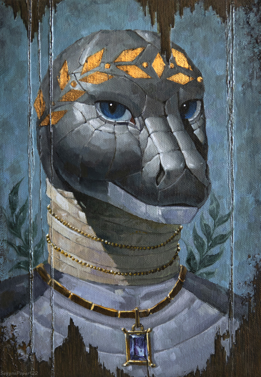 ancient_art anthro black_mamba blue_eyes bust_portrait crown egyptian elapid_(snake) fayum_portrait gem gold_(metal) gold_jewelry greek grey_body hi_res humanoid jewelry laurel_wreath lizard male mamba oil_painting_(artwork) painting_(artwork) pharaoh portrait portraiture ptolemy_xii reptile royalty satynapaper scalie snake solo traditional_media_(artwork) wrappings