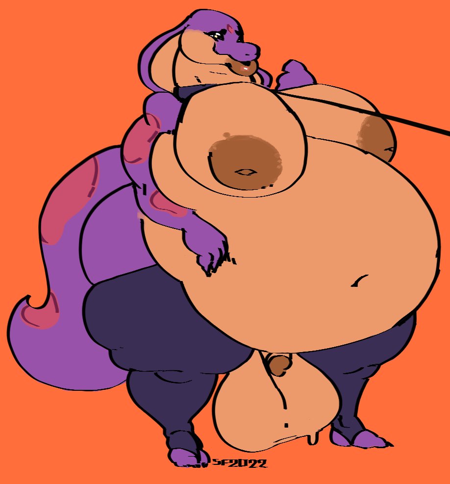anthro balls belly big_balls big_belly big_breasts bodily_fluids breasts clothing collar flaccid garter_belt garter_straps genitals gynomorph huge_balls huge_breasts huge_hips hyper hyper_belly intersex keeshee leash legwear lips obese overweight penis purple_body purple_scales reptile scales scalie snake solo standing stickface sweat sweaty_balls sweaty_genitalia thick_lips thigh_highs underwear