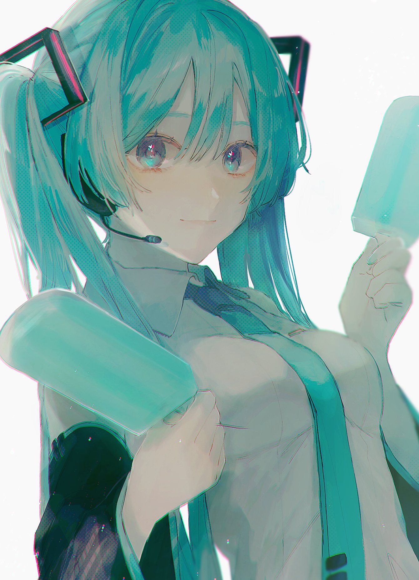 1girl aqua_eyes aqua_hair aqua_necktie bangs closed_mouth commentary_request detached_sleeves food hair_between_eyes hatsune_miku highres holding holding_food long_hair mochigome_23 necktie popsicle shirt simple_background sleeveless sleeves_past_wrists smile solo twintails upper_body very_long_hair vocaloid white_background white_shirt