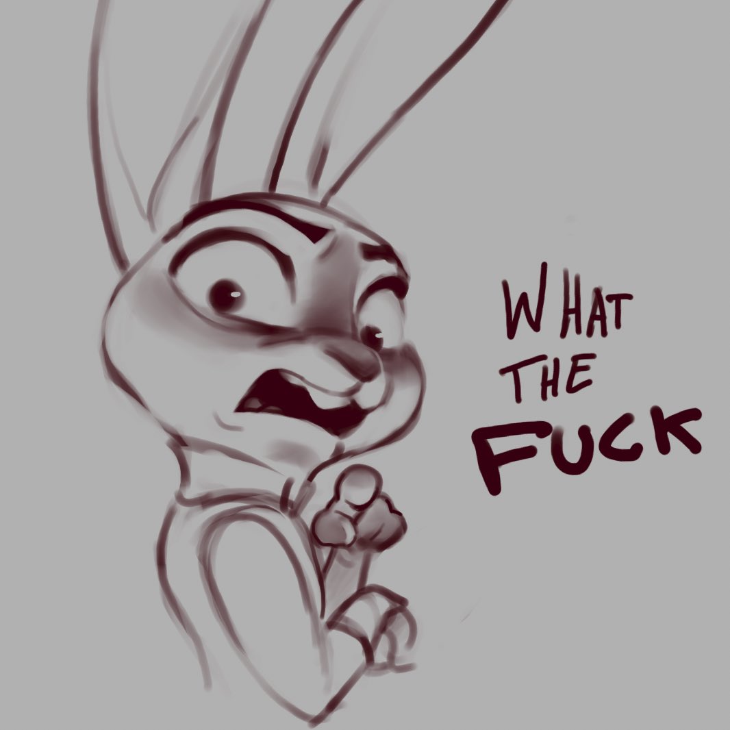 1:1 2022 anthro dialogue disgust disney english_text female grey_background greyscale half-length_portrait judy_hopps lagomorph leporid mammal monochrome open_mouth portrait profanity qupostuv35 rabbit shocked simple_background sketch solo text zootopia