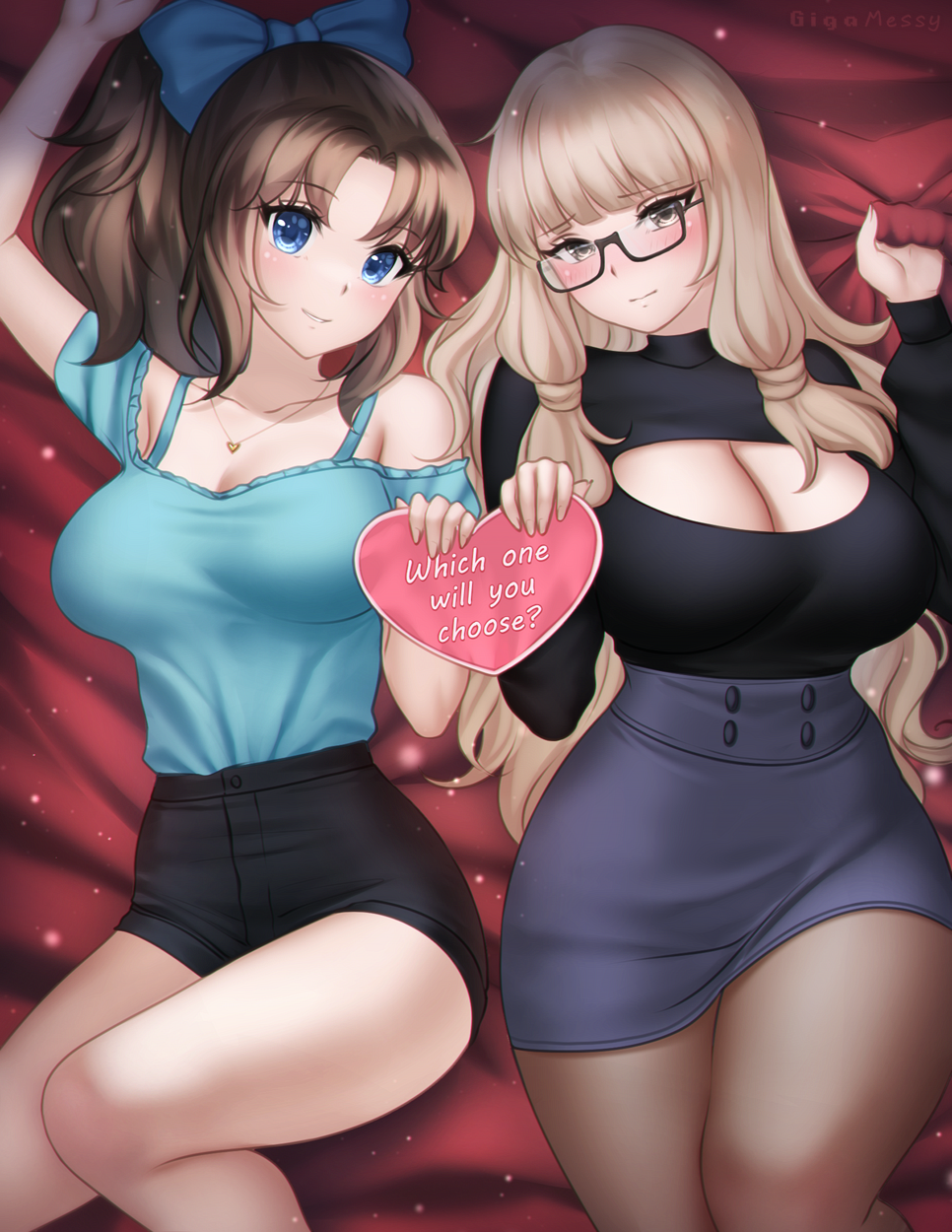 2girls character_request commentary copyright_request gigamessy heart highres holding multiple_girls