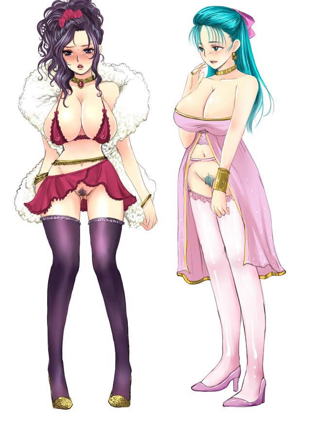 artist_request black_hair blue_eyes blush bow breasts colored_pubic_hair curly_hair deborah dragon_quest dragon_quest_v flora flower garter_belt green_eyes green_hair half_updo high_heels large_breasts multiple_girls navel pink_bow pubic_hair pussy rose shoes siblings sisters thighhighs