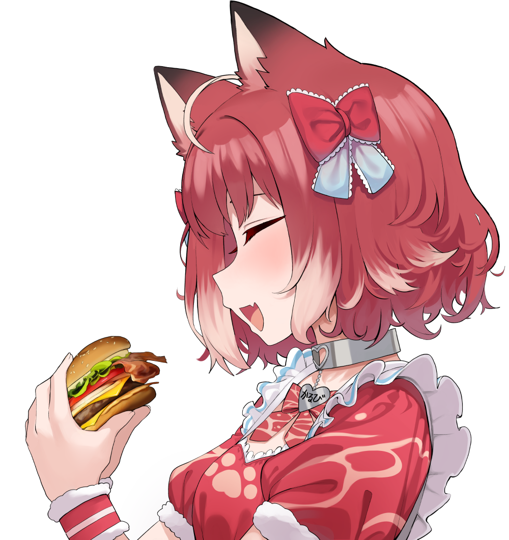 1girl ahoge akami_karubi animal_ears burger cat_ears cat_girl closed_eyes commentary dress fang food holding holding_food indie_virtual_youtuber light_blush medium_hair nago_purin open_mouth red_dress red_hair short_sleeves skin_fang smile solo transparent_background upper_body virtual_youtuber