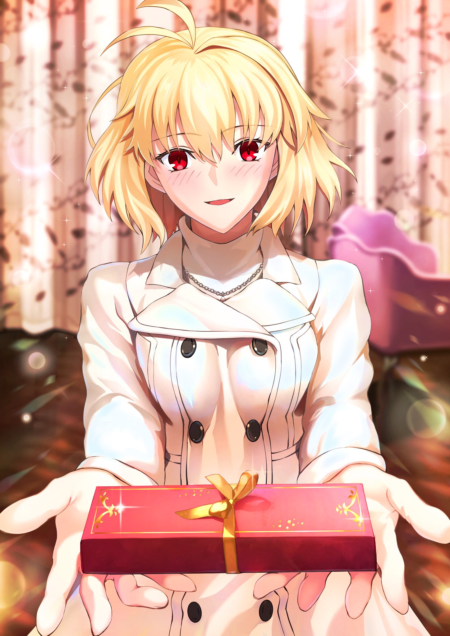 1girl ahoge arcueid_brunestud blonde_hair blush chocolate coat commentary_request harukey highres jewelry looking_at_viewer medium_hair necklace red_eyes shirt solo tsukihime tsukihime_(remake) turtleneck valentine white_coat white_shirt