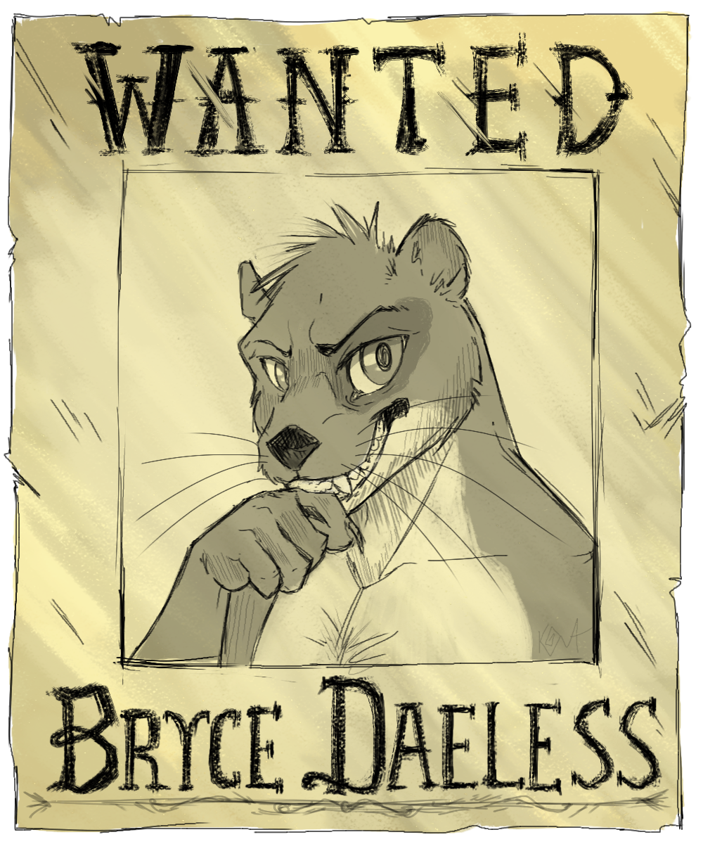 anthro black_nose brown_markings bryce_daeless countershading eye_markings hi_res koma_(artist) male mammal markings mustelid otter paws solo spots wanted_poster