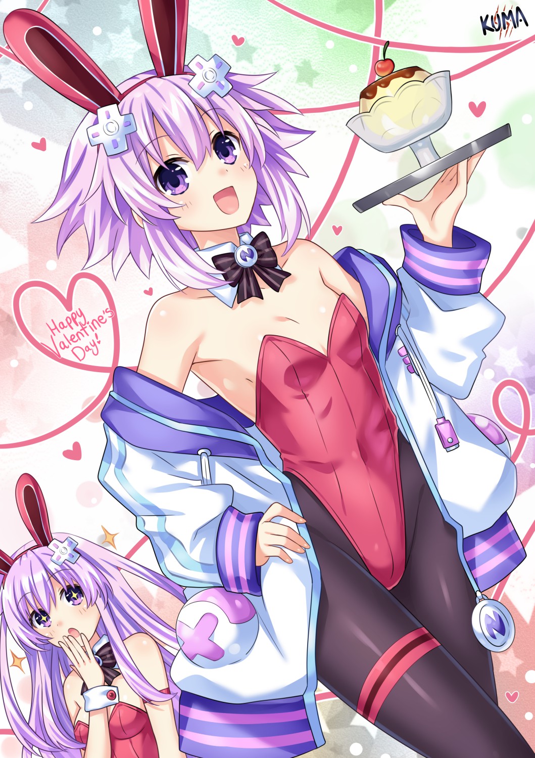 +_+ 2girls :d :o animal_ears bare_shoulders blush breasts cleavage covered_mouth covered_navel d-pad d-pad_hair_ornament detached_collar excited fake_animal_ears food hair_between_eyes hair_ornament hand_on_own_hip hand_up happy_valentine highres holding holding_tray jacket jacket_pull leotard lewdkuma long_hair looking_at_another looking_at_viewer medium_breasts medium_hair multiple_girls nepgear neptune_(neptunia) neptune_(series) off_shoulder open_clothes open_jacket pantyhose pink_leotard pudding purple_eyes purple_hair rabbit_ears siblings sisters small_breasts smile solo_focus strapless strapless_leotard tray upper_body usb valentine very_long_hair white_jacket wrist_cuffs