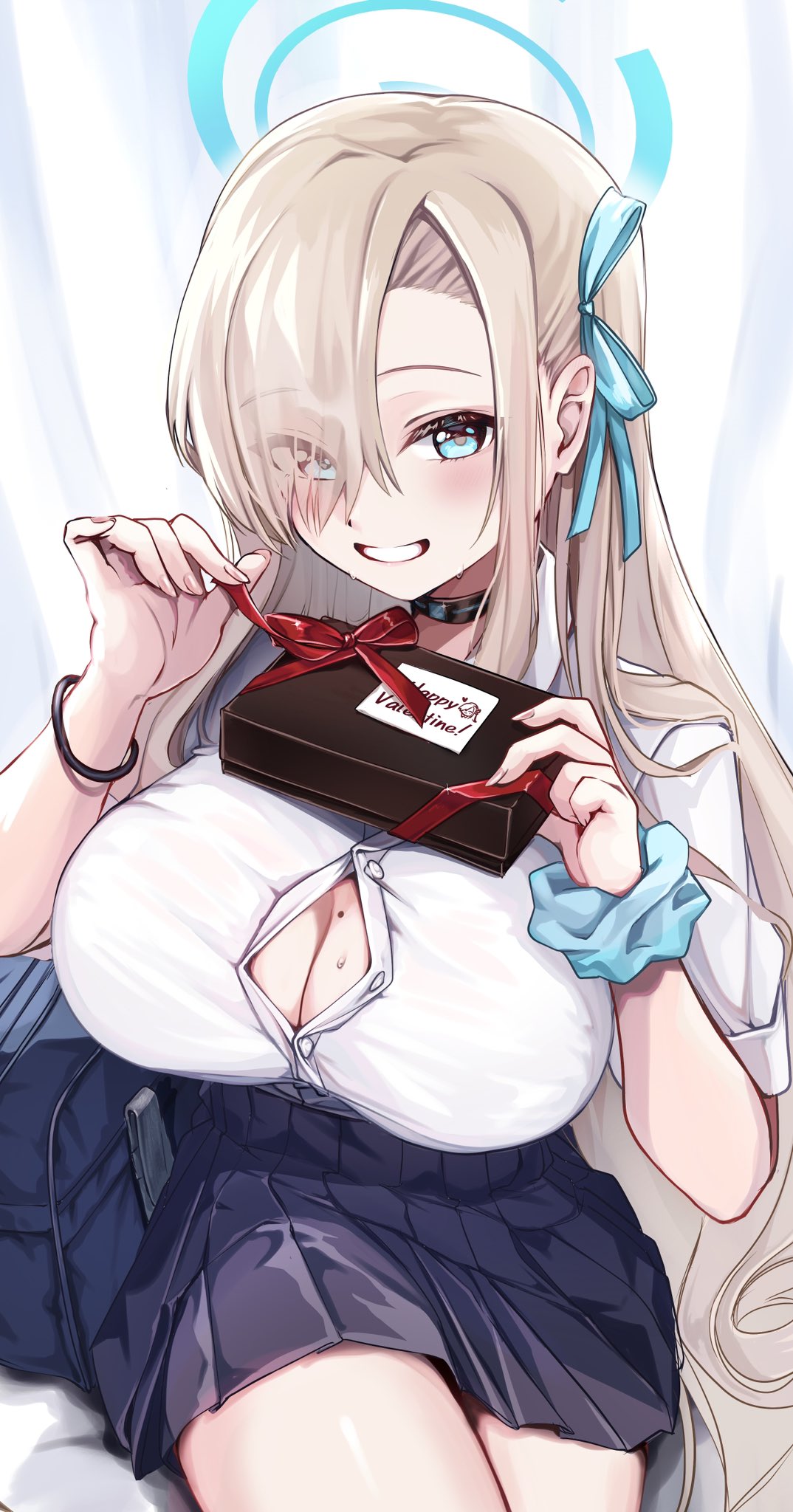 1girl asuna_(blue_archive) baba_kirika blonde_hair blue_archive blue_bow blue_eyes blush bow box box_of_chocolates bracelet breasts choker cleavage commentary crossed_legs grin hair_bow hair_over_one_eye hair_ribbon halo happy_valentine highres holding jewelry large_breasts long_hair looking_at_viewer mole mole_on_breast pleated_skirt ribbon school_uniform scrunchie shirt short_sleeves sitting skirt smile solo sweatdrop symbol-only_commentary thighs very_long_hair white_shirt wrist_scrunchie
