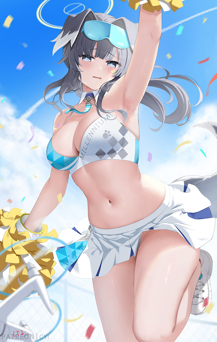 1girl animal_ears arm_up armpits bare_arms bare_shoulders blue_archive blue_eyes blue_sky breasts chain-link_fence cheerleader cleavage cloud commentary crop_top cyicheng day dog_ears dog_girl dog_tail eyewear_on_head fence goggles goggles_on_head grey_hair halo hibiki_(blue_archive) hibiki_(cheer_squad)_(blue_archive) holding holding_pom_poms large_breasts leg_up long_hair looking_at_viewer midriff millennium_cheerleader_outfit_(blue_archive) miniskirt navel official_alternate_costume pleated_skirt pom_pom_(cheerleading) revision shoes skirt sky sneakers solo star_sticker sticker_on_face stomach sunglasses tail thighs white_footwear white_skirt yellow_halo