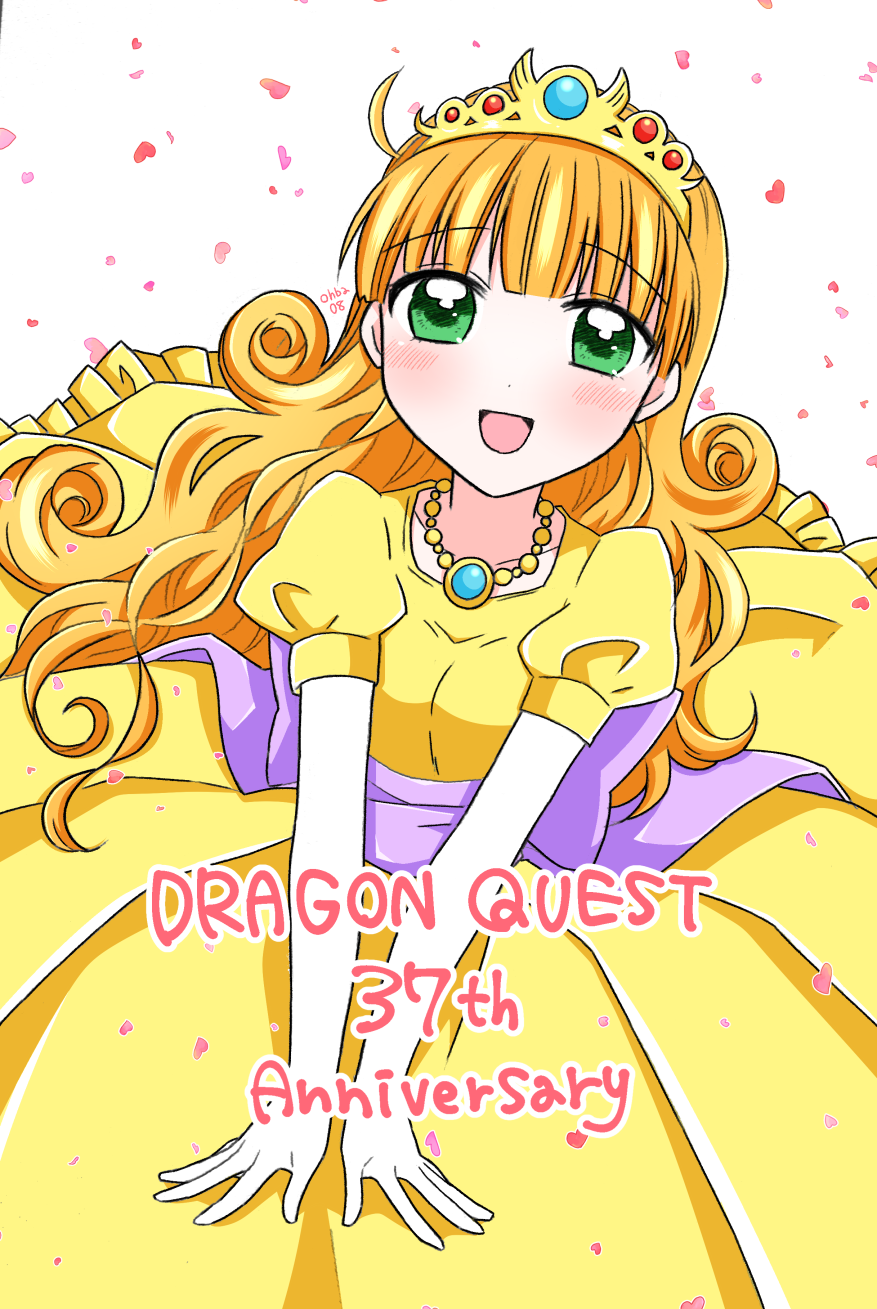 1girl blush commentary_request curly_hair dragon_quest dragon_quest_i dress elbow_gloves english_text gloves green_eyes highres jewelry long_hair necklace open_mouth orange_hair ouba_reiya princess princess_laura puffy_sleeves smile tiara white_gloves yellow_dress