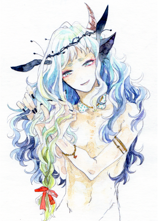 1girl aono_nachi armlet black_horns black_nails blue_eyes blue_hair bracelet closed_mouth crown_of_thorns curly_hair eyeshadow flat_chest gradient_hair green_hair hair_ribbon head_tilt horns jewelry long_hair makeup multicolored_hair navel necklace original painting_(medium) pointy_ears red_eyeshadow red_ribbon ribbon simple_background solo traditional_media two-tone_hair upper_body watercolor_(medium) white_background