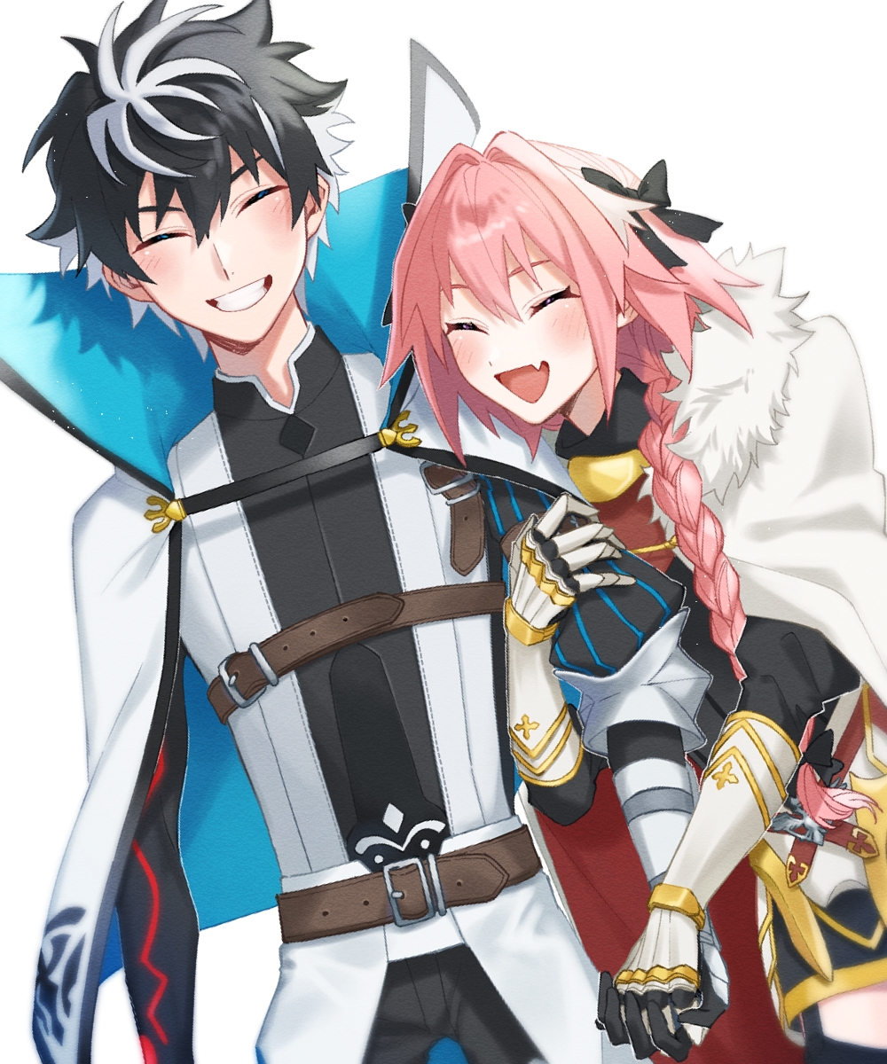 2boys astolfo_(fate) belt black_bow black_gloves black_hair black_thighhighs blue_eyes blush bow braid brown_belt cape charlemagne_(fate) closed_eyes closed_mouth fang fate/extella fate/extella_link fate/extra fate_(series) fur-trimmed_cape fur_trim garter_straps gauntlets gloves grin hair_between_eyes hair_bow hair_intakes highres holding_another's_arm holding_hands light_blush long_hair looking_at_another male_focus multicolored_hair multiple_boys open_mouth otoko_no_ko pink_hair purple_eyes short_hair simple_background single_braid skin_fang smile streaked_hair striped_sleeves thighhighs two-sided_cape two-sided_fabric user_stsj7287 white_background white_cape white_fur white_hair