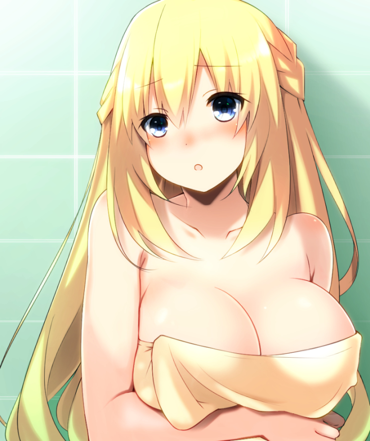arm_under_breasts blonde_hair blue_eyes blush breasts choujigen_game_neptune commentary doria_(p_f_dolia) large_breasts long_hair naked_towel neptune_(series) shower_(place) surprised towel vert_(neptunia)