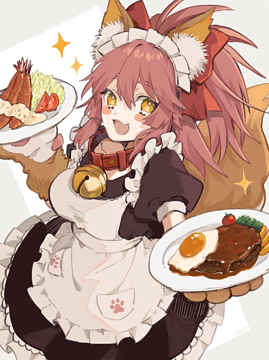 1girl animal_ear_fluff animal_ears animal_hands artist_name bell blush bow breasts cherry_tomato fang fate/extra fate_(series) fish food fox_ears fox_girl fox_tail fried_egg gloves hair_between_eyes holding holding_food holding_plate huge_bow long_hair looking_at_viewer maid maid_headdress medium_breasts medium_hair neck_bell open_mouth paw_gloves paw_print pink_hair plate red_bow sauce simple_background skin_fang smile solo sparkle steak tail tamamo_(fate) tamamo_no_mae_(fate/extra) tomato vegetable white_background y0e0k yellow_eyes