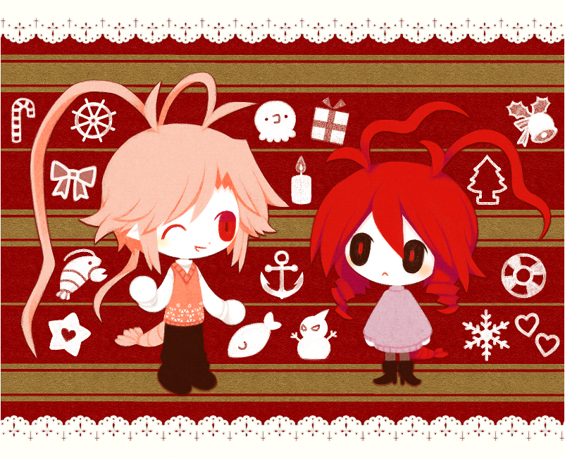 1boy 1girl anchor_symbol antenna_hair black_eyes black_footwear black_pants black_pantyhose boots bow candle candy candy_cane cherryblod_(wadanohara) chibi christmas christmas_tree colored_skin drill_hair father_and_daughter fish food funamusea funamusea_(artist) gift heart lifebuoy lobco_(wadanohara) lobster lobster_boy lobster_girl lobster_tail octopus official_art one_eye_closed oounabara_to_wadanohara pants pantyhose patterned_background pink_hair pink_sweater red_background red_eyes red_pupils red_sweater_vest ship's_wheel shirt sidelocks single_hair_intake smile snowflakes star_(symbol) sweater sweater_vest swim_ring tail twin_drills white_shirt white_skin yellow_background