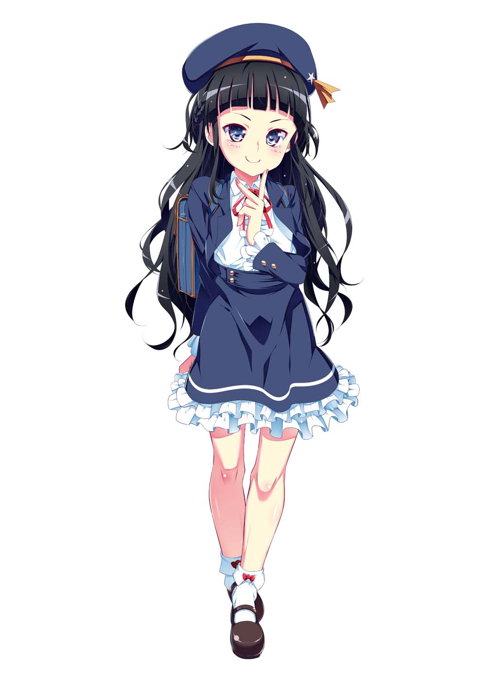 1girl backpack bag beret black_hair blue_eyes blush bobby_socks center_frills frilled_skirt frills full_body hat high-waist_skirt highres jacket looking_at_viewer mary_janes neck_ribbon open_clothes open_jacket original ribbon school_bag school_uniform shirt shoes simple_background skirt smile socks solo tanabe_kyou v white_background white_shirt white_socks