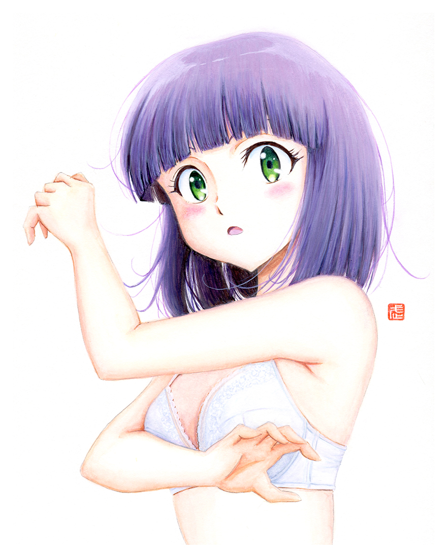 1girl artist_name blunt_bangs blush bob_cut bra breasts cleavage commentary covering_breasts covering_privates cropped_torso curled_fingers dated_commentary embarrassed eyelashes green_eyes hand_up lace-trimmed_bra lace_trim looking_at_viewer loose_hair_strand medium_breasts messy_hair miyake_shinobu open_mouth painting_(medium) purple_hair short_hair signature simple_background solo surprised traditional_media underwear underwear_only upper_body urusei_yatsura watercolor_(medium) white_background white_bra y_takeshinu_wan