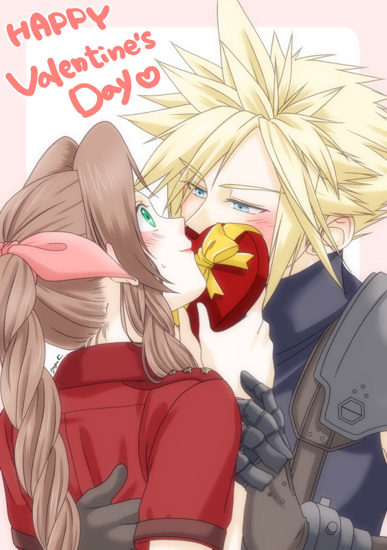 1boy 1girl aerith_gainsborough arm_around_back armor blonde_hair blue_eyes blue_shirt blush border box braid braided_ponytail brown_hair closed_mouth cloud_strife couple earrings final_fantasy final_fantasy_vii final_fantasy_vii_rebirth final_fantasy_vii_remake green_eyes hair_ribbon half-closed_eyes hand_on_another's_back happy_valentine heart-shaped_box hetero holding holding_another's_wrist holding_box jacket jewelry kirishima_saya long_hair metal_gloves parted_bangs pink_border pink_ribbon red_jacket ribbon shirt short_hair short_sleeves shoulder_armor sidelocks signature single_braid single_earring sleeveless sleeveless_turtleneck spiked_hair suspenders sweatdrop turtleneck upper_body valentine wavy_hair