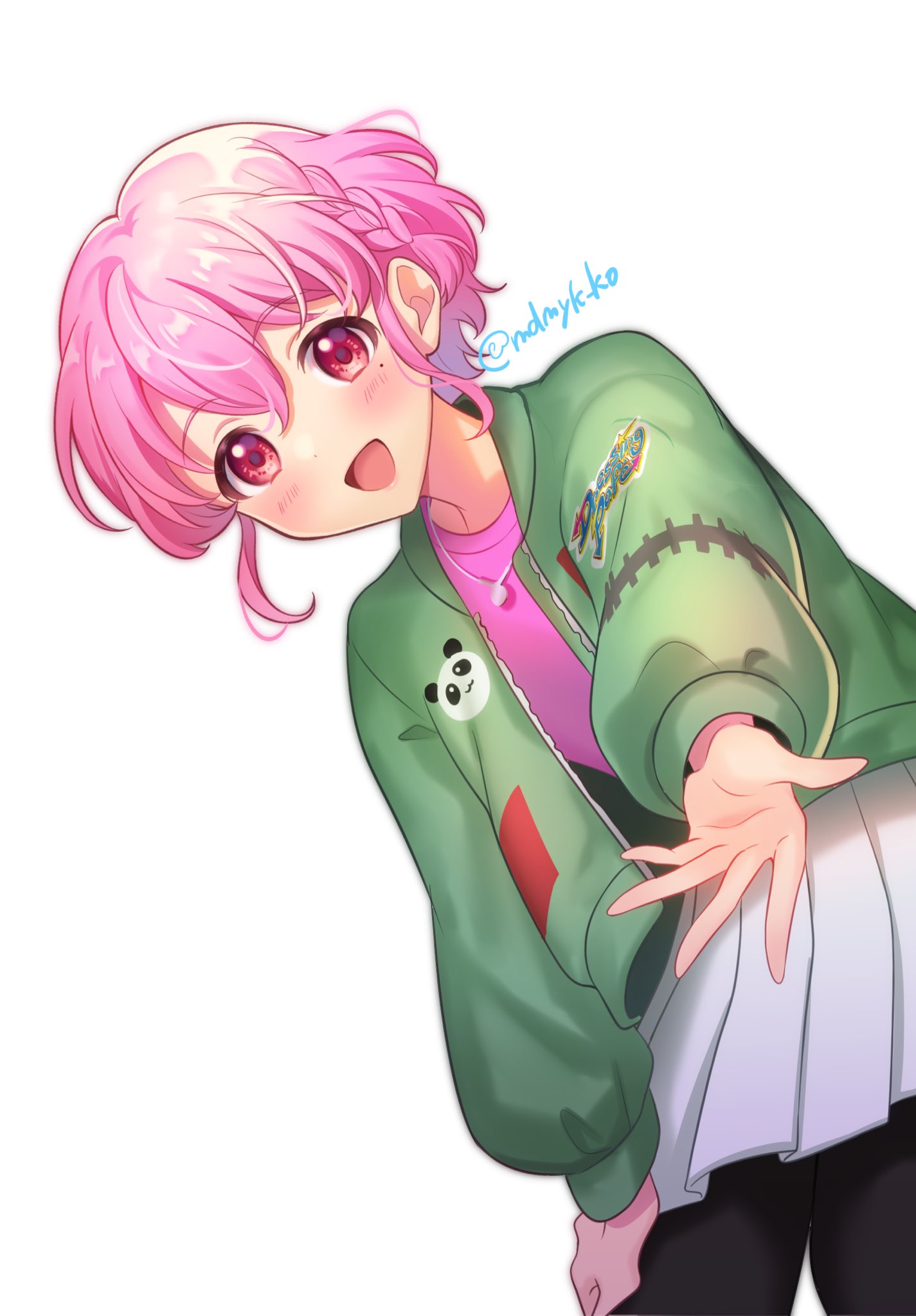 1boy :d braid cowboy_shot crossdressing green_jacket hand_on_own_leg highres jacket jewelry leaning_forward long_sleeves looking_at_viewer male_focus mendamen mole mole_under_eye necklace open_hand open_mouth otoko_no_ko outstretched_arm pink_eyes pink_hair pink_shirt pleated_skirt pretty_series pripara reaching reaching_towards_viewer reona_west shirt short_hair side_braid simple_background skirt smile solo standing white_background white_skirt