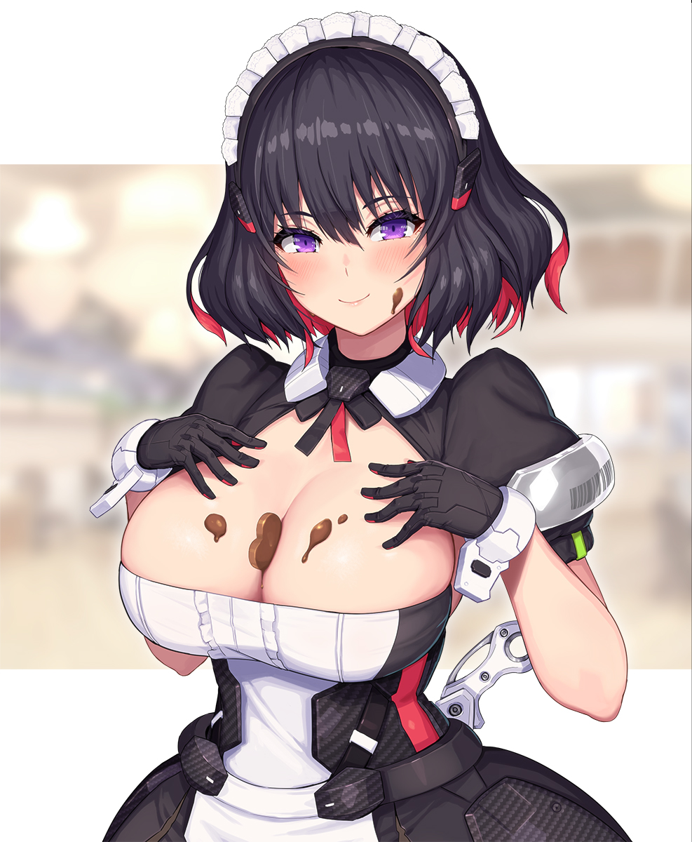 1girl apron black_dress black_gloves candy chocolate chocolate_on_body chocolate_on_breasts dress food food_on_body food_on_face gloves heart heart-shaped_chocolate highres javelin_(nidy) looking_at_viewer maid_apron maid_headdress nidy original purple_eyes short_sleeves smile solo standing valentine white_apron