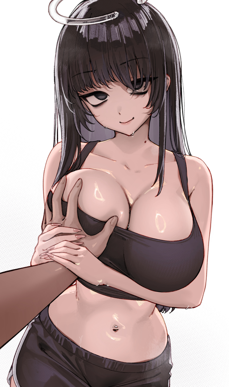 1girl arm_under_breasts black_eyes black_hair black_shorts black_tank_top breasts broken_halo cleavage closed_mouth commission dolphin_shorts grabbing_another's_breast groping guided_breast_grab guiding_hand hair_over_one_eye halo highres large_breasts long_hair looking_at_viewer midriff mole mole_on_neck navel navel_piercing original piercing pixiv_commission pov pov_hands shiny_skin short_shorts shorts smile solo_focus sweat tank_top very_long_fingernails very_long_hair waytok white_background