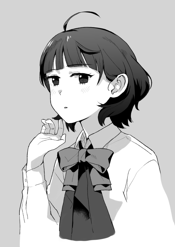 1girl ahoge bangs banned_artist blunt_bangs commentary_request dress_shirt greyscale halterneck kantai_collection kishinami_(kancolle) long_sleeves looking_at_viewer makio_(makiomeigenbot) monochrome school_uniform shirt short_hair solo upper_body wavy_hair