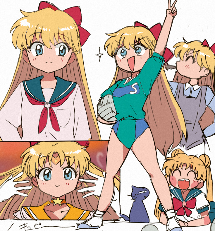 aino_minako bangs bishoujo_senshi_sailor_moon blonde_hair blue_eyes bow buruma closed_mouth elbow_gloves full_body gloves inner_senshi long_hair luna_(sailor_moon) magical_girl open_mouth red_bow sailor_collar sailor_senshi_uniform sailor_venus school_uniform smile standing tsubobot tsukino_usagi v volleyball white_gloves